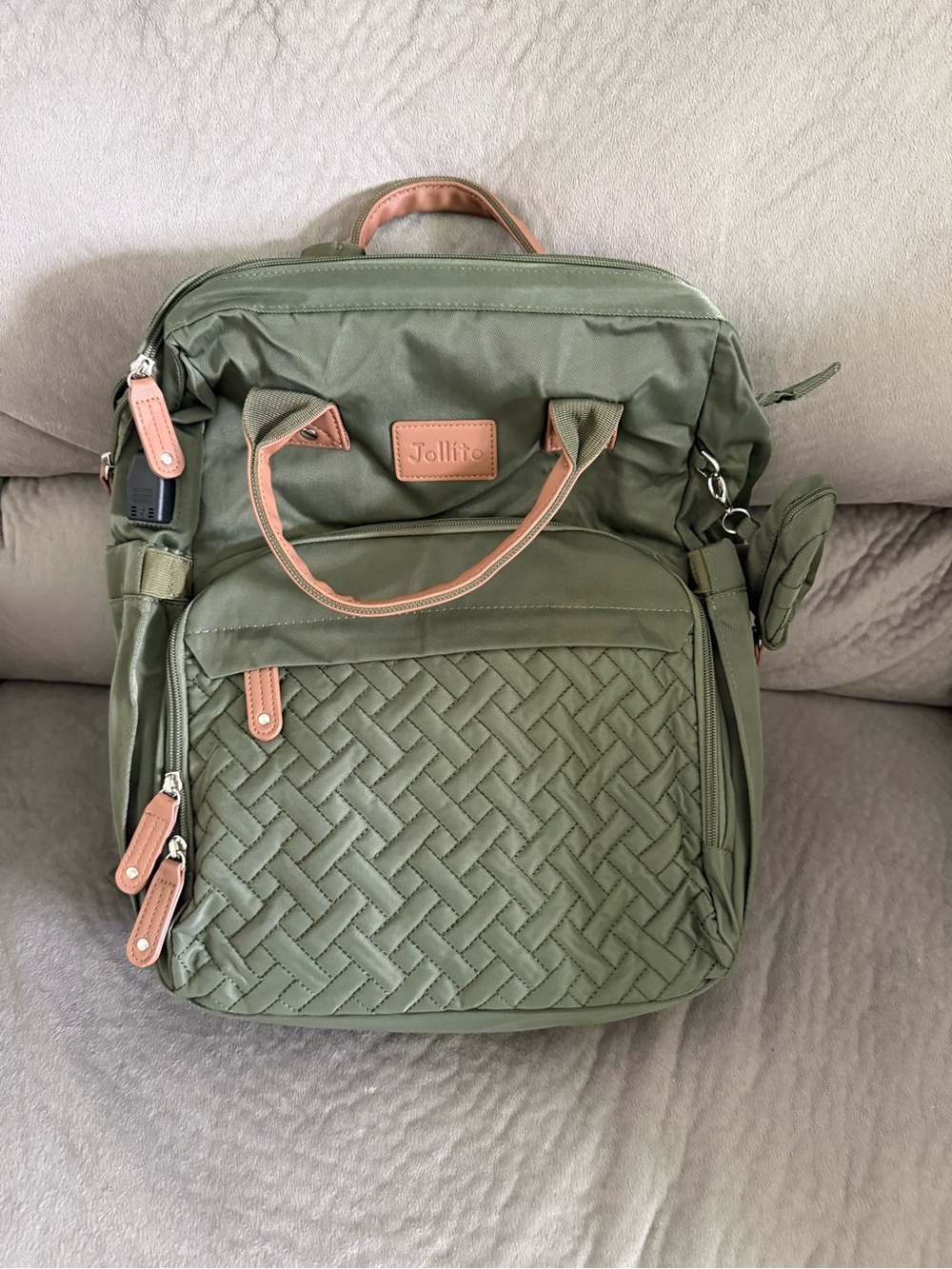 Jollito Olive Green Woven Diaper Bag Backpack with Changing Station